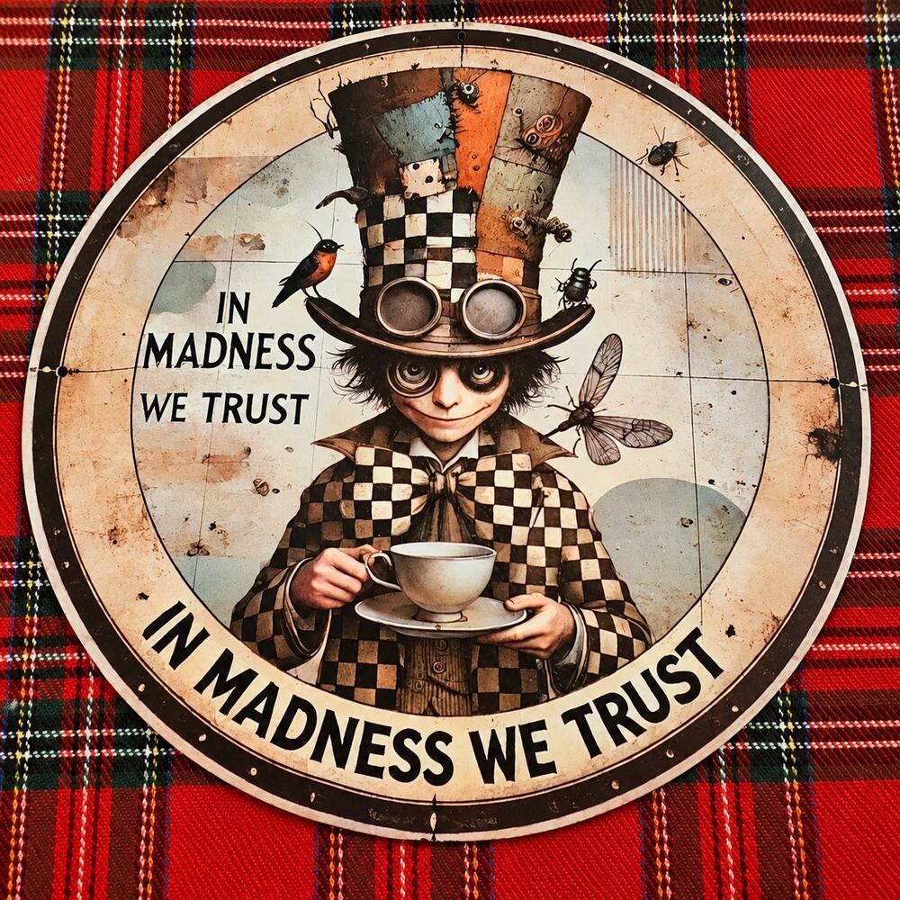 In Madness We Trust 8 Inch Round Metal Tin Sign Mad Hatter Steampunk Decor
